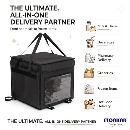 Image of Thermal Insulated DELIVERY Bag - 15x15x15 Inches | Commercial Grade Food & Grocery Delivery Bag for Bike & Scooter | Waterproof 6-Layer Insulation for Pizza, Ice Cream & Catering (Black)