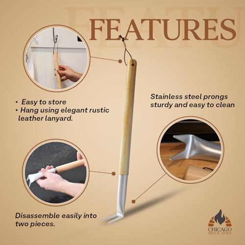 Image of Pizza Bubble Popper Spinner Turning Fork Aluminum 17.5 inch with Wooden Handle and Leather Strap (2-Pack), Pizza Turner Peel - Outdoor Pizza Oven Accessories