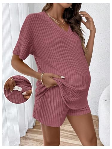 MakeMeChic Women's Maternity Pajamas Lounge Sets 2 Piece Outfits Short Sleeve Rib Knit Tops and Shorts Sets Pregnancy Clothes3