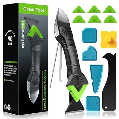 Caulking Tool 5 in 1 Silicone Caulking Grout Removal Tool Sealant Finishing Tool with Grout Scraper, 6 Exchange Silicone Pads, Adhesive Residue Scraper Seam Repair Tool Kit for Kitchen Bathroom