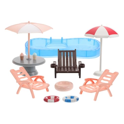 Milisten Piscine Miniature pour Maison De Poupée Ensemble De Jeu avec Parasol Et Chaise Longue Mini Meubles De Piscine Et Accessoires De Décoration De Poupée