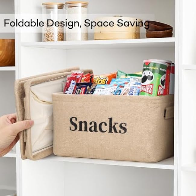 2 Pack Snack Storage Organizer Basket Bins for Pantry Shelf and Countertop, Large Burlap Snacks Basket Container for Kitchen Office Popcorn Candy Pretzels and more