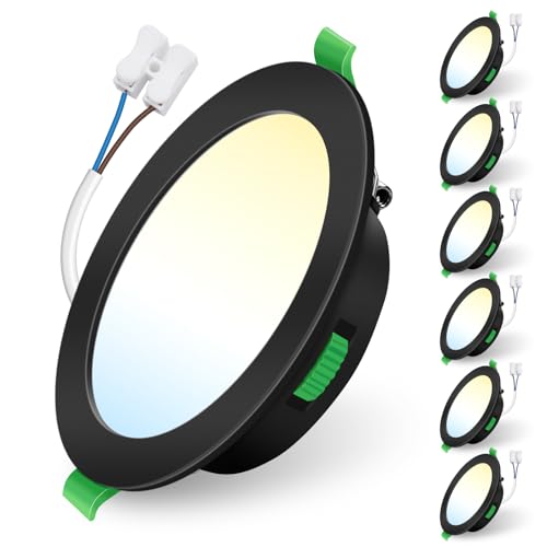 ALUSSO LIGHTING Focos Led Interior Techo,10W 800LM downlight led techo empotrable,3CCT 3000K 4000K 6500K, IP44 Corte 125-135mm, Foco Empotrable Led Techo Para baño,dormitorio,Negro,6 Pack
