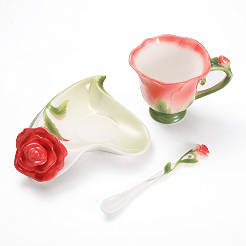 Ybk Tech Creative 3D Rose Bone China Ceramic Coffee Mugs Afternoon Tea Cup And Saucer Set (Red) #TOP3