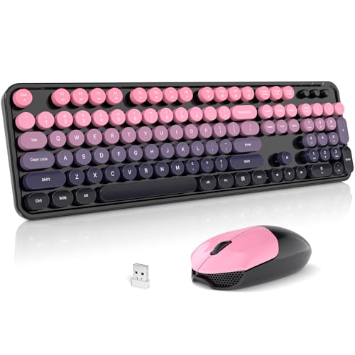 Image of Wireless Keyboard and Mouse Combo, 2.4GHz Gradient Colorful Full-Size Retro Typewriter Keyboard with Wireless Mouse for PC /Desktop /Laptop /Windows (Berry Pink)