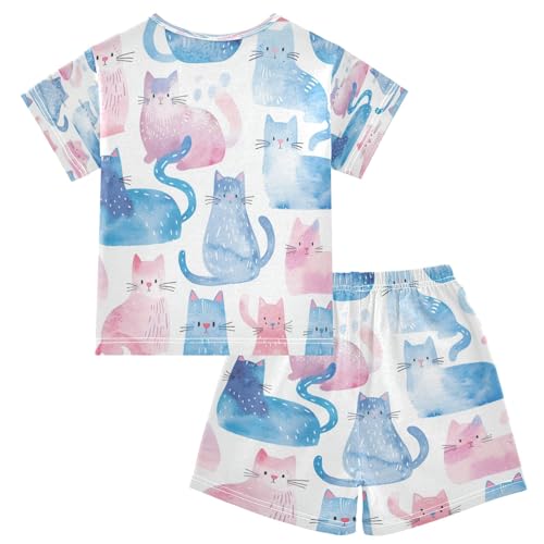 Blue Pink Cat Kids Pjs Set Boys Girls Summer Short-Sleeve Sleepwear Pajamas 2PCS2