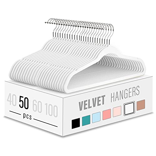 50 Pack White Velvet Clothes Hangers, Non Slip,Space Saving | 17.7 in adult size, 360° hooks, shoulder notches, Slim closet/dorm storage, Dresses/suits/coats