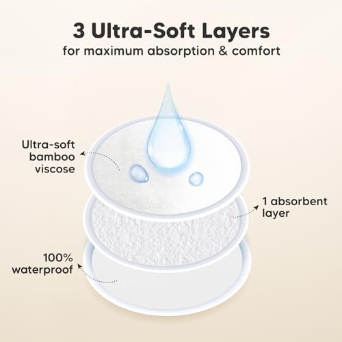 Image of Organic Breast Pads - 14 Viscose Derived from Bamboo Washable Pads + Wash Bag, 3-Layers Breastfeeding Nipple Pad for Maternity, Reusable Nipplecovers for Breast Feeding(Soft White Lite, L 4.8 inch)