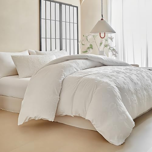 Image of 7 Pieces Bow Comforter Set for Girls White Tufted Boho Bedding Set Queen Size Farmhouse Bed in A Bag as Gifts (1 Comforter, 1 Flat Sheet, 1 Fitted Sheet, 2 Pillowcase and 2 Pillow Sham)