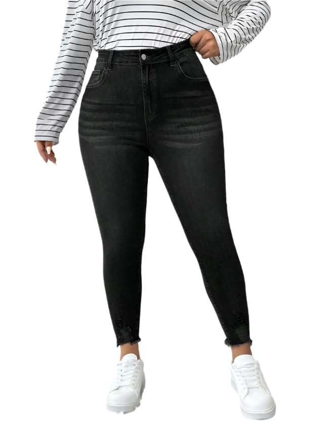 Plus Size Women's Skinny Fit Denim Jeans - Solid Color with Cat Whisker Design, High Stretch Fabric, and Casual Style