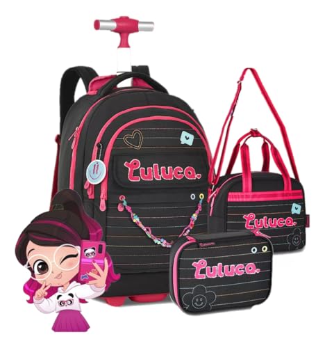 Kit Youtuber Luluca Mochila Rodinhas Estojo Box Lancheira Térmica Coleção Volta As Aulas 2025 Chaveiro Exclusivo (Preto)