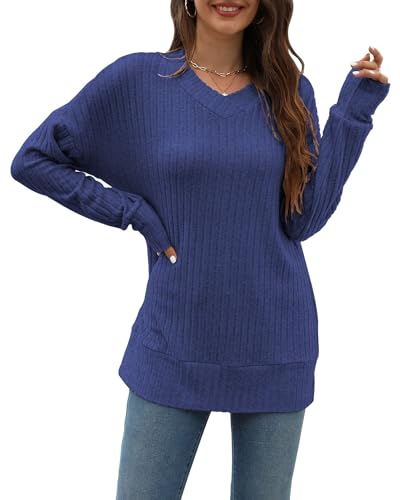 Sweater for Women Top Oversized Fashion Sweater Soft Striped V Neck Long Sleeve Pullover Sweatshirt3