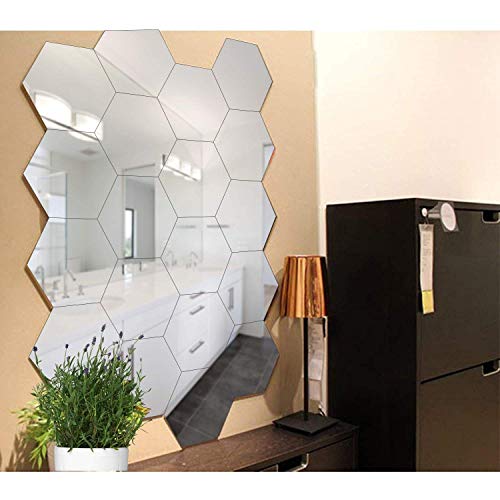 WallDaddy - 20 Hexagonal Silver Wall Decor 3D Acrylic Decorative Mirror for Wall Stickers for Bedroom | Mirror Stickers for Home & Office Large Size (10.5 x 12.1) Cm, Unframed