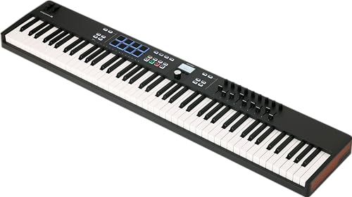 Image of Arturia KeyLab Essential 88 mk3 - 88 key USB MIDI Controller Keyboard with Analog Lab V Software Included, Black | 88 Semi-Weighted Velocity-Sensitive Keys, USB-C Bus-Powered, Analog Lab Pro Included, 9 Faders, 9 Encoders, 8 Pads