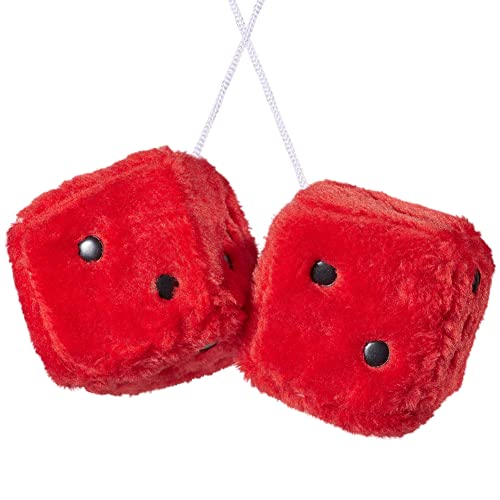 Image of 2.95'' Retro Fuzzy Plush Dice Car Charm Square Rear View Mirror Hanging Ornament Accessories, Red