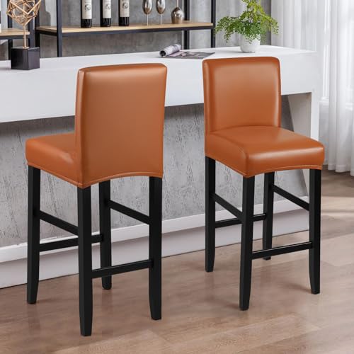 Image of YISUN Bar Stool Covers, Stretch Waterproof PU Bar Stool Slipcover Removable Washable Bar Stool Chair Covers, High Chair Cover with Elastic Bands (2 Pack, Light Brown)