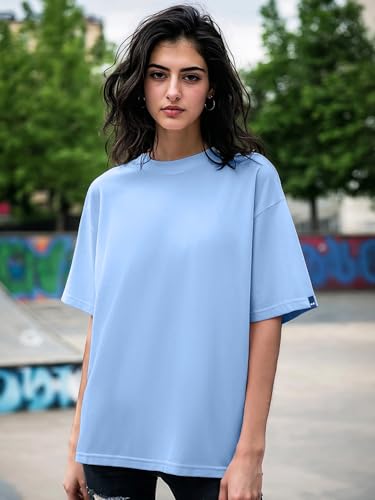 Image of Bewakoof Women's Solid Oversized Fit Half Sleeve Round Neck Cotton Jersey T-Shirt