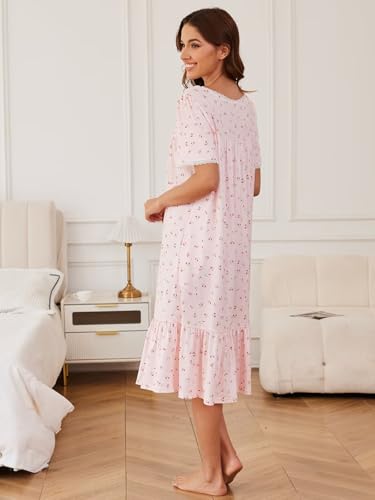 Long Nightgowns for Women Lace Collar Floral Print House Dresses with Pockets S-3XL3