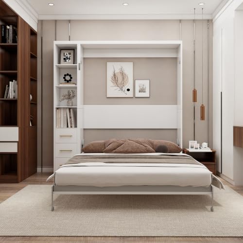 Image of KEIKI Queen Size Vertical Cabinet Murphy Bed with 1 Side Cabinet, Multifunctional Foldable Hideaway Wall Metal Bed Frame with Slats, No Box Spring Needed, Easy Assembly, for Bedroom, Guest room, White