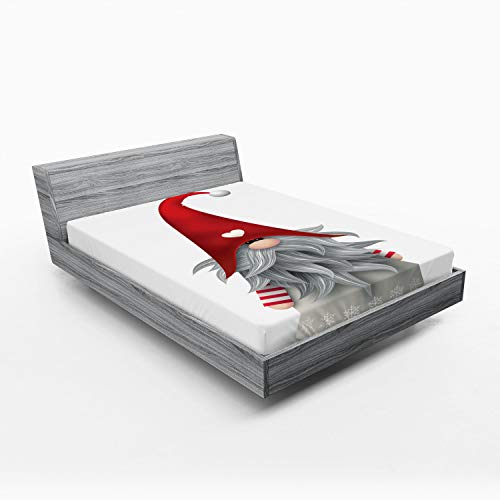 Ambesonne Gnome Fitted Sheet, Nordic Tonttu Myth Finnish Creature Nisser Scandinavian Folklore Print, Bed Cover with All-Round Elastic Pocket for Comfort, California King, Grey Ruby