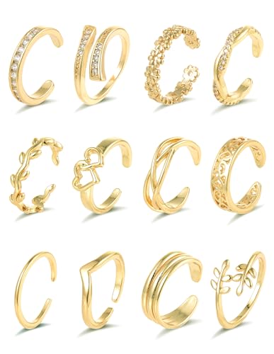 Akeoqi TR01-12G 12Pcs 18K Gold Plated Toe Rings Cz Daisy Flower Leaf Heart Knot Band Open Tail Ring Summer Beach Foot Jewelry Set cover