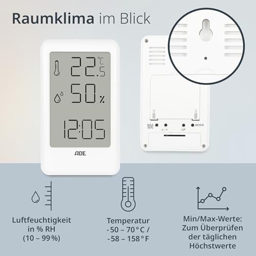 ADE Thermometer mit Luftfeuchtigkeitsmesser innen | digitale Badezimmeruhr mit Temperatur | Feuchtigkeitsmessgerät mit Uhrzeit | Hygrometer für Büro, Kinderzimmer, Schlafzimmer, Bad | Hochformat weiß