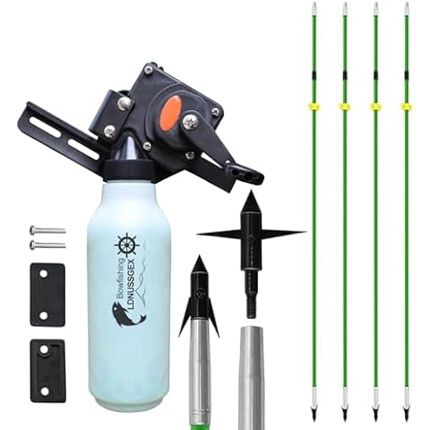 LDNUSSGEX 34in Bow Fishing Combo Kit with Safety Slide,Bottle Fishing Reel Bowfishing Arrows for Compound Bow Recurve Bow Fishing Fish Shooting Slingshot (Green4Pcs/Bottle Reel1Pcs) Cover