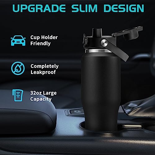 Image of 32oz Stainless Steel Water Bottle, Cold-48H & Hot-24H, Water Flask Thermal with Straw & Spout Lids, Pouch, Vacuum Insulated Bottle for Gift Black