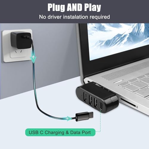 Image of 4 Ports USB 3.0 Hub (90 /180 Degree Rotatable), USB Multiport Rotating with US.B C Power /Data Port, U.SB Extender for Laptop, Camera, PC, Xbox, MaBook Pro and More (USB-A 4PORT HUB)
