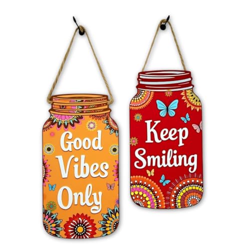 Image of GiftOday Good Vibes Only Wall Hanging | Multicolor Wooden Wall Art | Size 7.5 x 12 Inch | Decorative Item for Living Room, Kitchen Decor, Bedroom | Perfect For Home Decor and Gift Idea | Set of 2