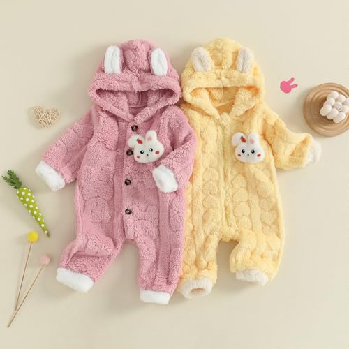 Newborn Baby Girl Romper Long Sleeve Button or Zipper Hooded Jumpsuit Cute Cartoon Bunny Snowsuit Fluffy Flannel Overalls Girls Winter Clothes (Pink, 0-3 Months)