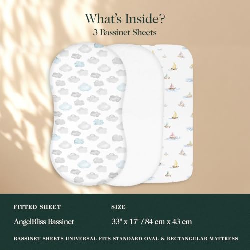 Image of 100% Organic Cotton Bassinet Sheets 3 Pack - (33 x 17 Inches) Angel Bliss - GOTS Certified, Soft Breathable Percale Weave, Universal Fits Standard Oval & Rectangular Mattress - for Boys & Girls