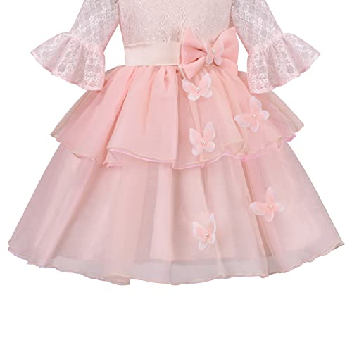 Sunny Fashion Flower Girls Dress Pink Lace Butterfly Backless Party Long Flare Sleeve4