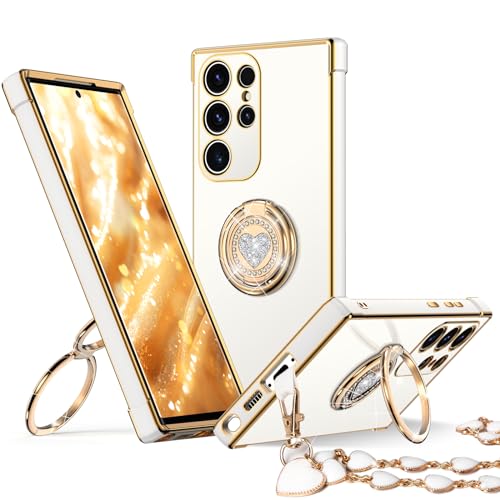 XYZ for Galaxy S24 Ultra Case with Stand, for Samsung Galaxy S24 Ultra Case with Double Ring, Women Girls Bling Luxury Protective Phone Case Heart for Samsung S24 Ultra, White