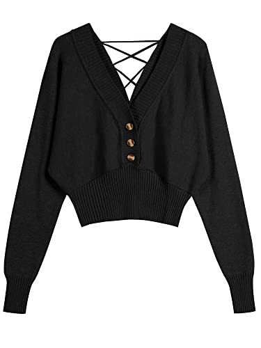 Image of ZAFUL Women V Neck Button Knit Crop Sweaters Batwing Sleeve V Back Ribbed Hem Pullover Sweater
