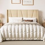 SHA CERLIN Queen Size Bed Frame with Geometric Wingback Headboard, Upholstered Platform Bed with Wooden Slats Support, 8' Under-Bed Space, No Box Spring Needed, Easy Assembly, Beige