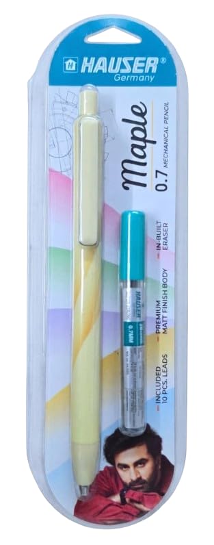 Image of HAUSER MAPLE 0.7mm Mechanical Pencil Blister Pack of 6| Extra Dark & Breakage Resistant Lead | 5 Pastel Shades Matt Finish Body Colours | In-Built Eraser For Quick Erasing | 10 FREE Leads in Each Pack