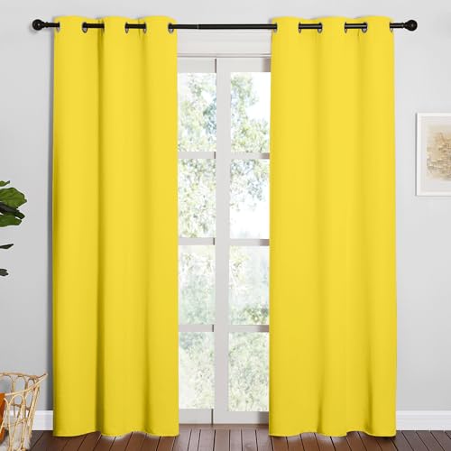 Image of NICETOWN 84 inches Curtains for Office and Theater, Thermal Insulated Solid Grommet Drapes for Living Room (Bright Yellow, 1 Pair, 42 inches Wide)