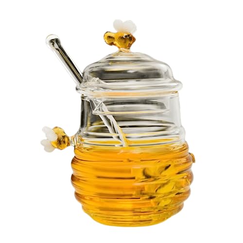 MuginoHo Tarro de miel con cucharón y tapa, dispensador de vidrio para el hogar, cocina, tienda, miel y jarabe, maceta única con forma de colmena