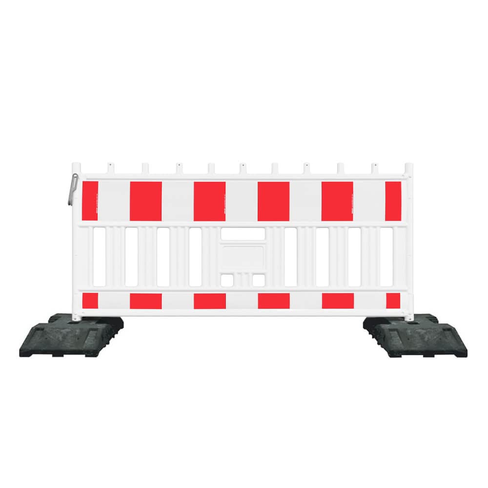 Absperr-Set, 2 m EURO1 Schrankenzaun, Fußplatten + 5 Blitzleuchten Gelb + ZTV-SA aus Kunststoff, Art.-Nr. 608008 | Schrankenzaun | Absperrschranke | Absperrzaun