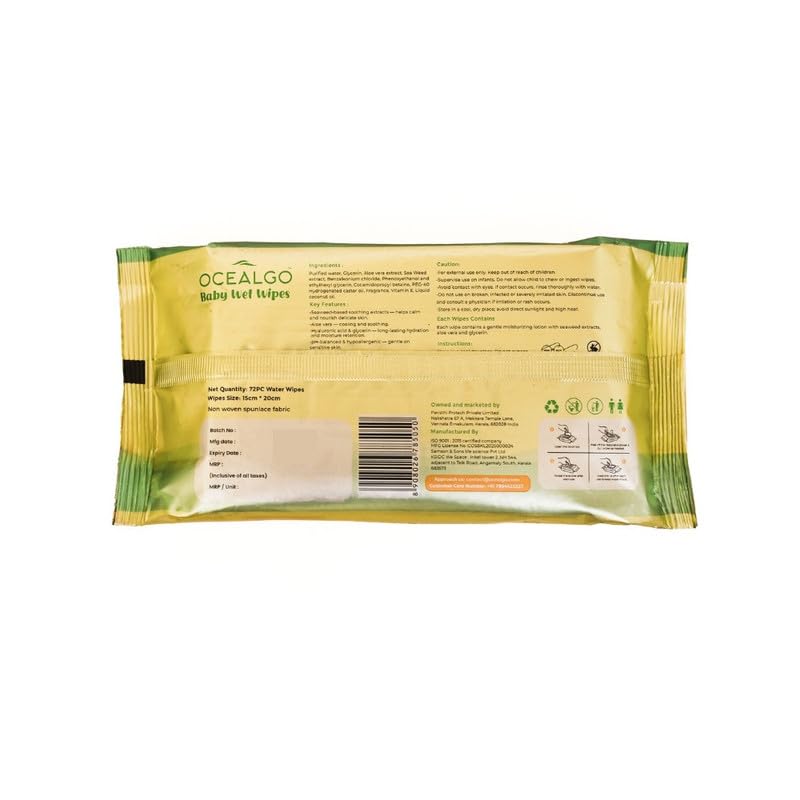 Image of Seaweed Baby Wipes (6pk) | 99% Pure Water, Aloe Vera & Vitamin E | Gentle for Face & Body | Hydrating, Alcohol-Free & Dermatologically Tested | Extra Smooth Design for Newborn Skin | 72 wipes