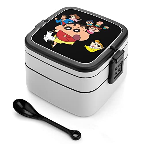 クレヨンしんちゃん 弁当箱 ランチボックス 2段抗菌ふんわり盛れるおべんとう箱 大容量漏れ防止女性男性子供用スプーン付きお弁当箱 食洗機対応。長さ15.5cmx幅13.5cmx高さ11cm