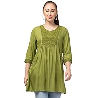 Musheco Women Rayon Chikan Embroidery A-Line Long/Short Top Tunic for Semi and Casual Ocassions (XL, Green)