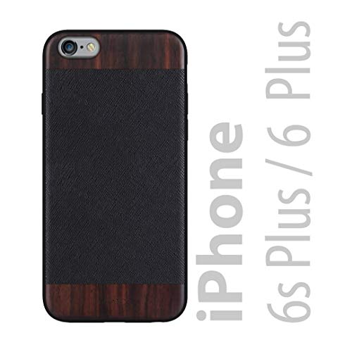 iATO iPhone 6 Plus / 6s Plus Case Wood Leather. Black Saffiano Genuine