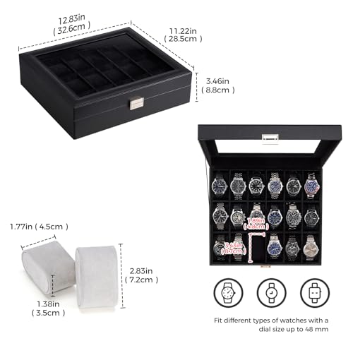 Image of ProCase Watch Box Organizer, 18 Slot Watch Display Case, Allblack | Watches Storage Boxes Holder for Men Women, Large Glass Lid, Removable Pillows, Anniversary Christmas Birthday Gifts