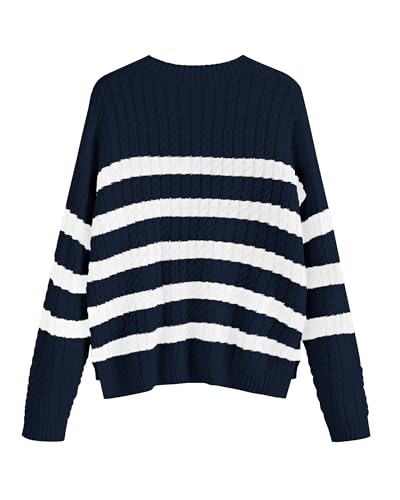 Image of ZAFUL Women's Striped Sweaters Casual Crew Neck Long Sleeve Pullover Oversized Cable Knit Loose Jumper Tops
