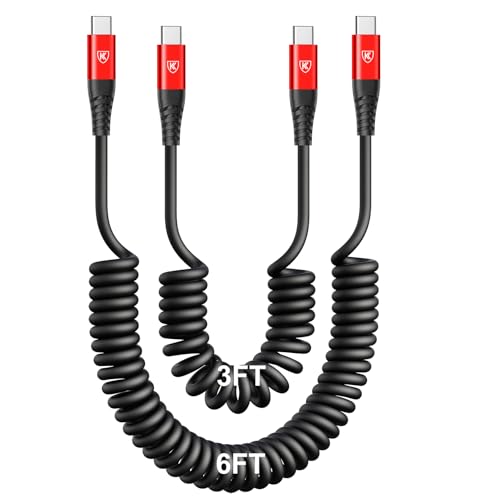 Image of KIYODA Coiled USB C Cable for Car 3FT & 6FT, USB C to USB C Fast Charging Cable USB Type C Cord Compatible with iPhone 17 /16 /15 /Plus /Pro /Pro Max /MacBook Pro 2020 /iPad Pro 2020 /Samsung Galaxy S23-Red