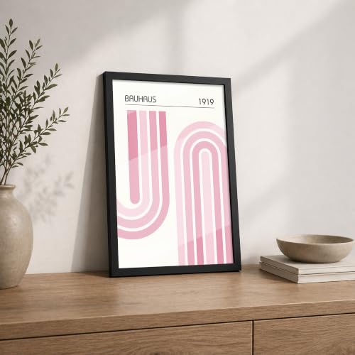 Image of Bauhaus 1919 Premium Framed Wall Poster (12x18 Inch) | Abstract Geometric Pink Wall Art | Modern Minimalist Mid Century Decor for Bedroom, Living Room, Office & Workspace | Ready-to-Hang Display Frame