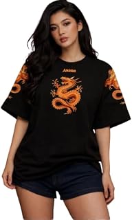 Black T-Shirt with Orange Dragon Embroidery, Short Sleeve, Asian Inspired Design Price In India
