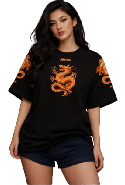 Black T-Shirt with Orange Dragon Embroidery, Short Sleeve, Asian Inspired Design - Review, Price and Buying Guide
